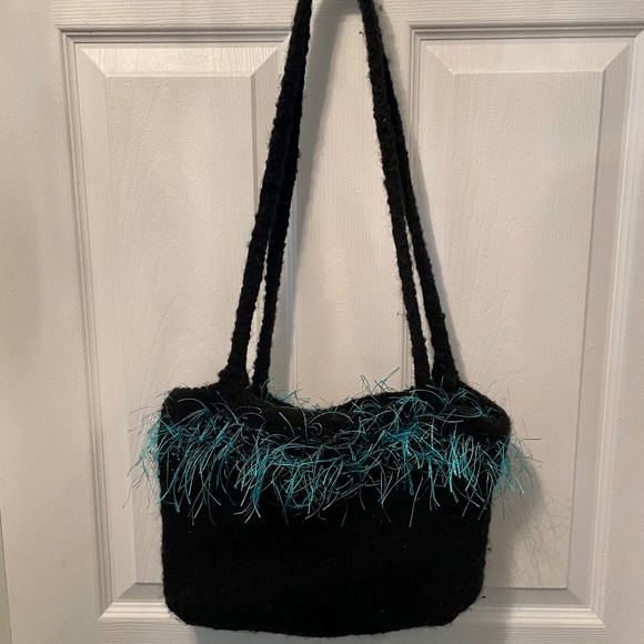 Knitted Wool Purse/Handbag-Black and Teal - Picture 2 of 7